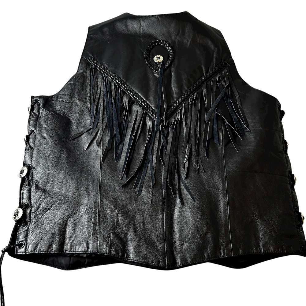 Diamond Plate Leather Fringe Vest Biker Western Festival Lacing XL Concho - Picture 3 of 12
